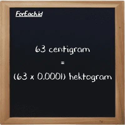 Cara konversi centigram ke hektogram (cg ke hg): 63 centigram (cg) setara dengan 63 dikalikan dengan 0.0001 hektogram (hg)