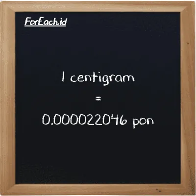 1 centigram setara dengan 0.000022046 pon (1 cg setara dengan 0.000022046 lb)