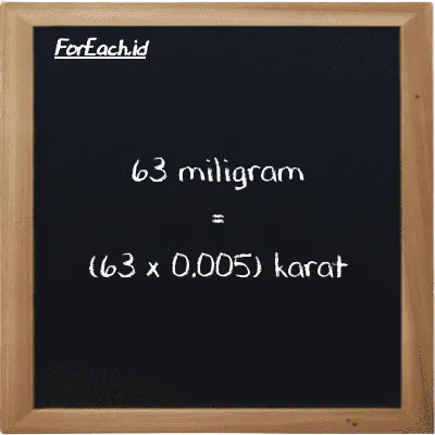 Cara konversi miligram ke karat (mg ke ct): 63 miligram (mg) setara dengan 63 dikalikan dengan 0.005 karat (ct)