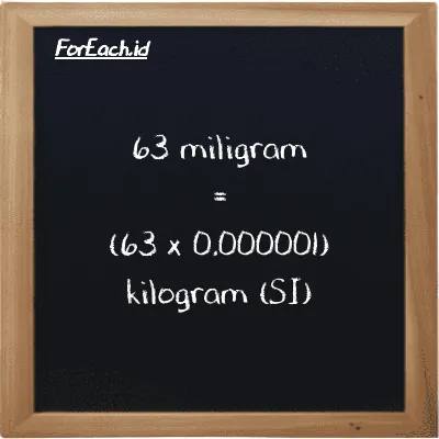 Cara konversi miligram ke kilogram (mg ke kg): 63 miligram (mg) setara dengan 63 dikalikan dengan 0.000001 kilogram (kg)