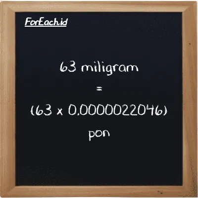 Cara konversi miligram ke pon (mg ke lb): 63 miligram (mg) setara dengan 63 dikalikan dengan 0.0000022046 pon (lb)