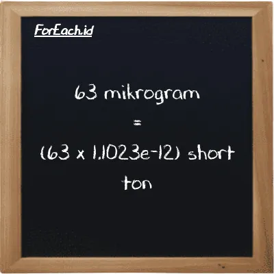 Cara konversi mikrogram ke short ton (µg ke ST): 63 mikrogram (µg) setara dengan 63 dikalikan dengan 1.1023e-12 short ton (ST)