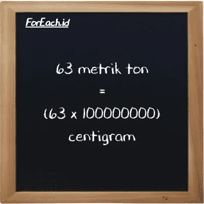 Cara konversi metrik ton ke centigram (MT ke cg): 63 metrik ton (MT) setara dengan 63 dikalikan dengan 100000000 centigram (cg)