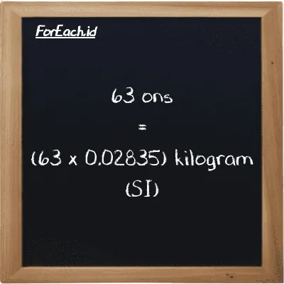 Cara konversi ons ke kilogram (oz ke kg): 63 ons (oz) setara dengan 63 dikalikan dengan 0.02835 kilogram (kg)