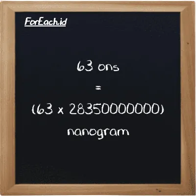 Cara konversi ons ke nanogram (oz ke ng): 63 ons (oz) setara dengan 63 dikalikan dengan 28350000000 nanogram (ng)