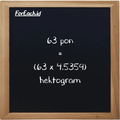 Cara konversi pon ke hektogram (lb ke hg): 63 pon (lb) setara dengan 63 dikalikan dengan 4.5359 hektogram (hg)