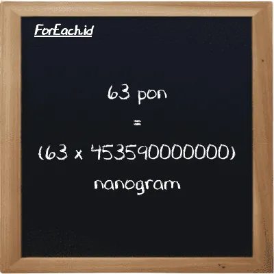 Cara konversi pon ke nanogram (lb ke ng): 63 pon (lb) setara dengan 63 dikalikan dengan 453590000000 nanogram (ng)