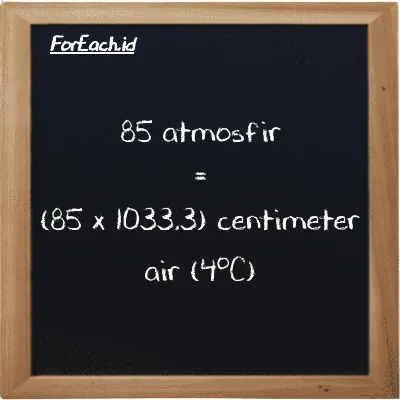 Cara konversi atmosfir ke centimeter air (4<sup>o</sup>C) (atm ke cmH2O): 85 atmosfir (atm) setara dengan 85 dikalikan dengan 1033.3 centimeter air (4<sup>o</sup>C) (cmH2O)