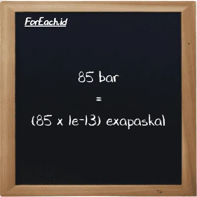 Cara konversi bar ke exapaskal (bar ke EPa): 85 bar (bar) setara dengan 85 dikalikan dengan 1e-13 exapaskal (EPa)