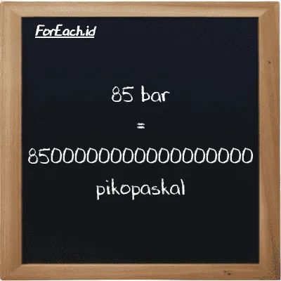 Cara konversi bar ke pikopaskal (bar ke pPa): 85 bar (bar) setara dengan 85 dikalikan dengan 100000000000000000 pikopaskal (pPa)