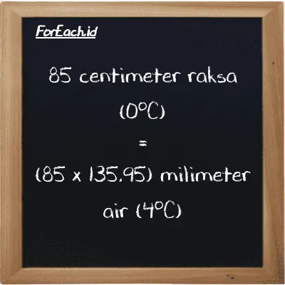 Cara konversi centimeter raksa (0<sup>o</sup>C) ke milimeter air (4<sup>o</sup>C) (cmHg ke mmH2O): 85 centimeter raksa (0<sup>o</sup>C) (cmHg) setara dengan 85 dikalikan dengan 135.95 milimeter air (4<sup>o</sup>C) (mmH2O)