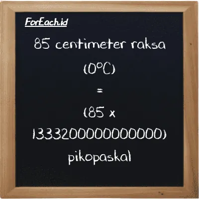 Cara konversi centimeter raksa (0<sup>o</sup>C) ke pikopaskal (cmHg ke pPa): 85 centimeter raksa (0<sup>o</sup>C) (cmHg) setara dengan 85 dikalikan dengan 1333200000000000 pikopaskal (pPa)