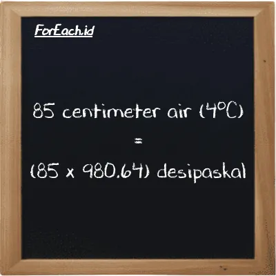 Cara konversi centimeter air (4<sup>o</sup>C) ke desipaskal (cmH2O ke dPa): 85 centimeter air (4<sup>o</sup>C) (cmH2O) setara dengan 85 dikalikan dengan 980.64 desipaskal (dPa)