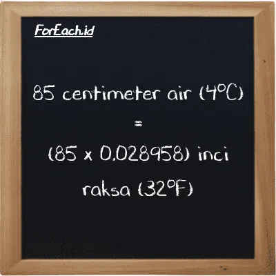 Cara konversi centimeter air (4<sup>o</sup>C) ke inci raksa (32<sup>o</sup>F) (cmH2O ke inHg): 85 centimeter air (4<sup>o</sup>C) (cmH2O) setara dengan 85 dikalikan dengan 0.028958 inci raksa (32<sup>o</sup>F) (inHg)