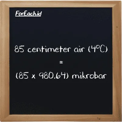 Cara konversi centimeter air (4<sup>o</sup>C) ke mikrobar (cmH2O ke µbar): 85 centimeter air (4<sup>o</sup>C) (cmH2O) setara dengan 85 dikalikan dengan 980.64 mikrobar (µbar)