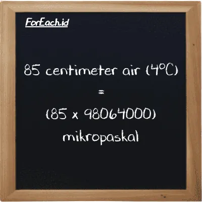Cara konversi centimeter air (4<sup>o</sup>C) ke mikropaskal (cmH2O ke µPa): 85 centimeter air (4<sup>o</sup>C) (cmH2O) setara dengan 85 dikalikan dengan 98064000 mikropaskal (µPa)
