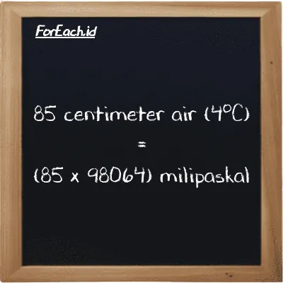 Cara konversi centimeter air (4<sup>o</sup>C) ke milipaskal (cmH2O ke mPa): 85 centimeter air (4<sup>o</sup>C) (cmH2O) setara dengan 85 dikalikan dengan 98064 milipaskal (mPa)