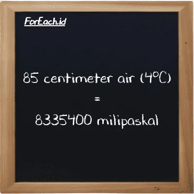 85 centimeter air (4<sup>o</sup>C) setara dengan 8335400 milipaskal (85 cmH2O setara dengan 8335400 mPa)