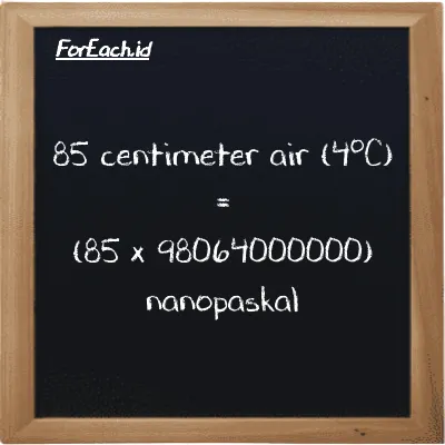 Cara konversi centimeter air (4<sup>o</sup>C) ke nanopaskal (cmH2O ke nPa): 85 centimeter air (4<sup>o</sup>C) (cmH2O) setara dengan 85 dikalikan dengan 98064000000 nanopaskal (nPa)
