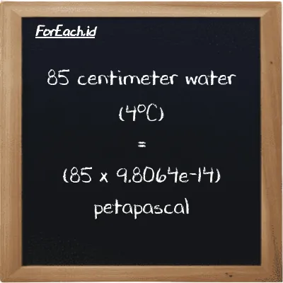 Cara konversi centimeter air (4<sup>o</sup>C) ke petapaskal (cmH2O ke PPa): 85 centimeter air (4<sup>o</sup>C) (cmH2O) setara dengan 85 dikalikan dengan 9.8064e-14 petapaskal (PPa)
