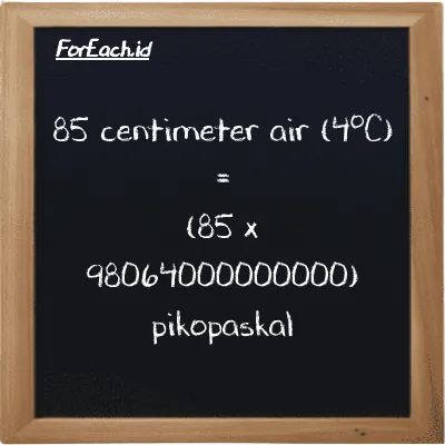 Cara konversi centimeter air (4<sup>o</sup>C) ke pikopaskal (cmH2O ke pPa): 85 centimeter air (4<sup>o</sup>C) (cmH2O) setara dengan 85 dikalikan dengan 98064000000000 pikopaskal (pPa)