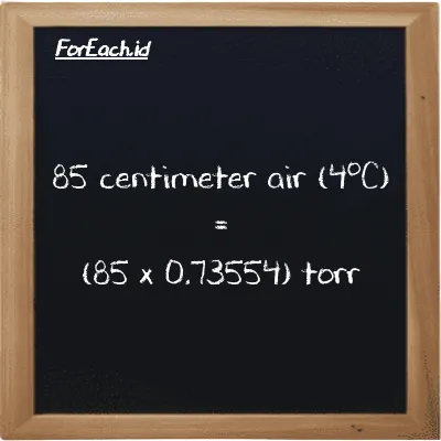 Cara konversi centimeter air (4<sup>o</sup>C) ke torr (cmH2O ke torr): 85 centimeter air (4<sup>o</sup>C) (cmH2O) setara dengan 85 dikalikan dengan 0.73554 torr (torr)