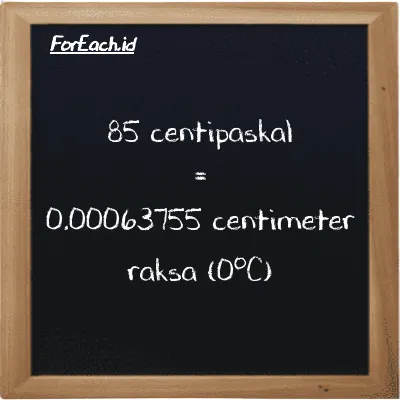 85 centipaskal setara dengan 0.00063755 centimeter raksa (0<sup>o</sup>C) (85 cPa setara dengan 0.00063755 cmHg)
