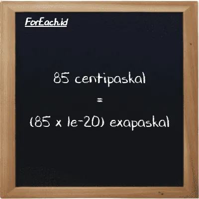 Cara konversi centipaskal ke exapaskal (cPa ke EPa): 85 centipaskal (cPa) setara dengan 85 dikalikan dengan 1e-20 exapaskal (EPa)