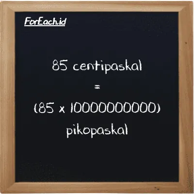 Cara konversi centipaskal ke pikopaskal (cPa ke pPa): 85 centipaskal (cPa) setara dengan 85 dikalikan dengan 10000000000 pikopaskal (pPa)