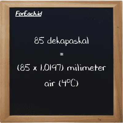 Cara konversi dekapaskal ke milimeter air (4<sup>o</sup>C) (daPa ke mmH2O): 85 dekapaskal (daPa) setara dengan 85 dikalikan dengan 1.0197 milimeter air (4<sup>o</sup>C) (mmH2O)