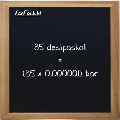 Cara konversi desipaskal ke bar (dPa ke bar): 85 desipaskal (dPa) setara dengan 85 dikalikan dengan 0.000001 bar (bar)
