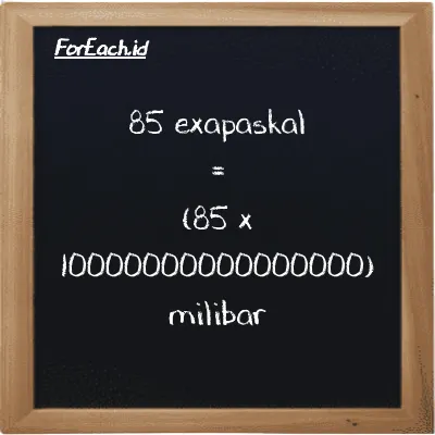 Cara konversi exapaskal ke milibar (EPa ke mbar): 85 exapaskal (EPa) setara dengan 85 dikalikan dengan 10000000000000000 milibar (mbar)