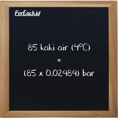 Cara konversi kaki air (4<sup>o</sup>C) ke bar (ftH2O ke bar): 85 kaki air (4<sup>o</sup>C) (ftH2O) setara dengan 85 dikalikan dengan 0.02989 bar (bar)