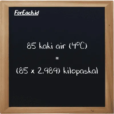 Cara konversi kaki air (4<sup>o</sup>C) ke kilopaskal (ftH2O ke kPa): 85 kaki air (4<sup>o</sup>C) (ftH2O) setara dengan 85 dikalikan dengan 2.989 kilopaskal (kPa)