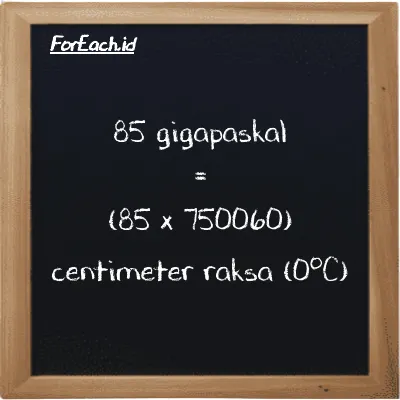 Cara konversi gigapaskal ke centimeter raksa (0<sup>o</sup>C) (GPa ke cmHg): 85 gigapaskal (GPa) setara dengan 85 dikalikan dengan 750060 centimeter raksa (0<sup>o</sup>C) (cmHg)