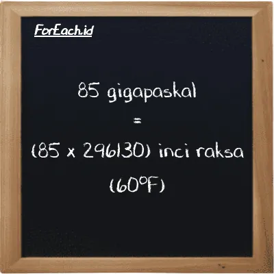 Cara konversi gigapaskal ke inci raksa (60<sup>o</sup>F) (GPa ke inHg): 85 gigapaskal (GPa) setara dengan 85 dikalikan dengan 296130 inci raksa (60<sup>o</sup>F) (inHg)