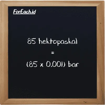 Cara konversi hektopaskal ke bar (hPa ke bar): 85 hektopaskal (hPa) setara dengan 85 dikalikan dengan 0.001 bar (bar)