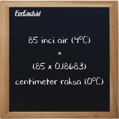 Cara konversi inci air (4<sup>o</sup>C) ke centimeter raksa (0<sup>o</sup>C) (inH2O ke cmHg): 85 inci air (4<sup>o</sup>C) (inH2O) setara dengan 85 dikalikan dengan 0.18683 centimeter raksa (0<sup>o</sup>C) (cmHg)