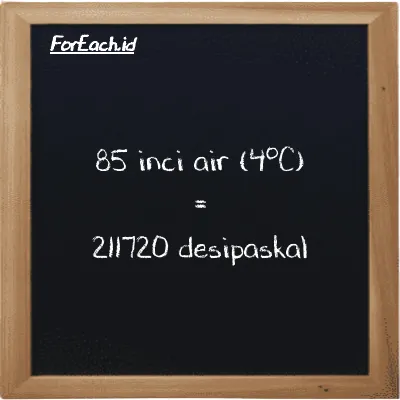 Cara konversi inci air (4<sup>o</sup>C) ke desipaskal (inH2O ke dPa): 85 inci air (4<sup>o</sup>C) (inH2O) setara dengan 85 dikalikan dengan 2490.8 desipaskal (dPa)