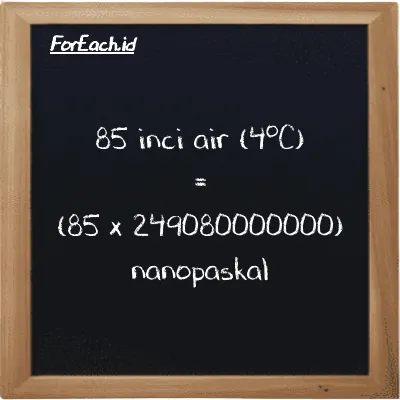 Cara konversi inci air (4<sup>o</sup>C) ke nanopaskal (inH2O ke nPa): 85 inci air (4<sup>o</sup>C) (inH2O) setara dengan 85 dikalikan dengan 249080000000 nanopaskal (nPa)