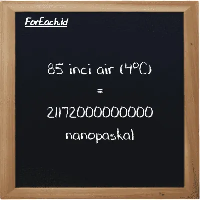 85 inci air (4<sup>o</sup>C) setara dengan 21172000000000 nanopaskal (85 inH2O setara dengan 21172000000000 nPa)