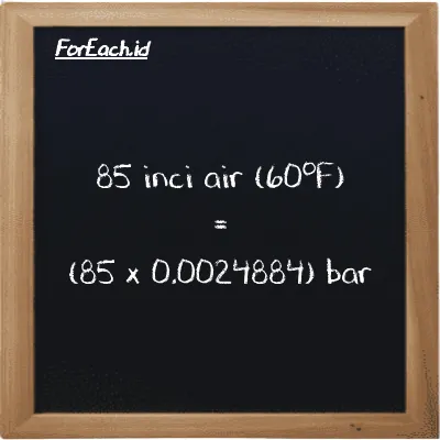 Cara konversi inci air (60<sup>o</sup>F) ke bar (inH20 ke bar): 85 inci air (60<sup>o</sup>F) (inH20) setara dengan 85 dikalikan dengan 0.0024884 bar (bar)