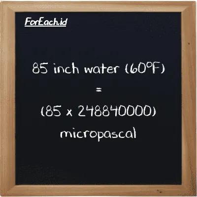 Cara konversi inci air (60<sup>o</sup>F) ke mikropaskal (inH20 ke µPa): 85 inci air (60<sup>o</sup>F) (inH20) setara dengan 85 dikalikan dengan 248840000 mikropaskal (µPa)