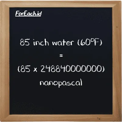 Cara konversi inci air (60<sup>o</sup>F) ke nanopaskal (inH20 ke nPa): 85 inci air (60<sup>o</sup>F) (inH20) setara dengan 85 dikalikan dengan 248840000000 nanopaskal (nPa)