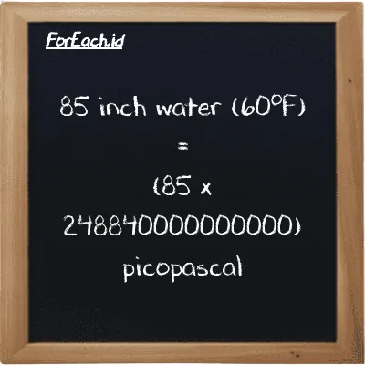 Cara konversi inci air (60<sup>o</sup>F) ke pikopaskal (inH20 ke pPa): 85 inci air (60<sup>o</sup>F) (inH20) setara dengan 85 dikalikan dengan 248840000000000 pikopaskal (pPa)