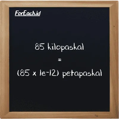 Cara konversi kilopaskal ke petapaskal (kPa ke PPa): 85 kilopaskal (kPa) setara dengan 85 dikalikan dengan 1e-12 petapaskal (PPa)