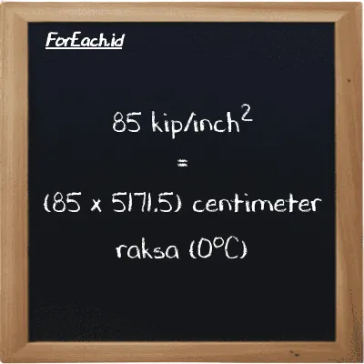 Cara konversi kip/inch<sup>2</sup> ke centimeter raksa (0<sup>o</sup>C) (ksi ke cmHg): 85 kip/inch<sup>2</sup> (ksi) setara dengan 85 dikalikan dengan 5171.5 centimeter raksa (0<sup>o</sup>C) (cmHg)
