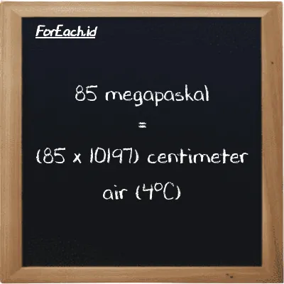 Cara konversi megapaskal ke centimeter air (4<sup>o</sup>C) (MPa ke cmH2O): 85 megapaskal (MPa) setara dengan 85 dikalikan dengan 10197 centimeter air (4<sup>o</sup>C) (cmH2O)