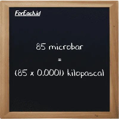 Cara konversi mikrobar ke kilopaskal (µbar ke kPa): 85 mikrobar (µbar) setara dengan 85 dikalikan dengan 0.0001 kilopaskal (kPa)