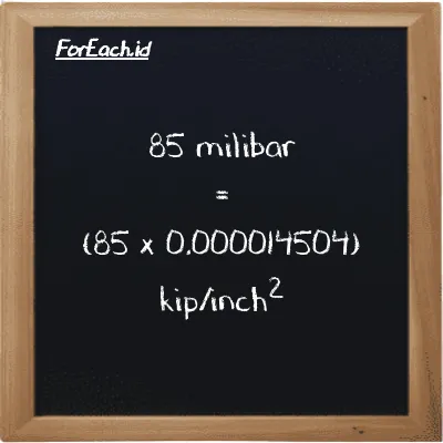 Cara konversi milibar ke kip/inch<sup>2</sup> (mbar ke ksi): 85 milibar (mbar) setara dengan 85 dikalikan dengan 0.000014504 kip/inch<sup>2</sup> (ksi)